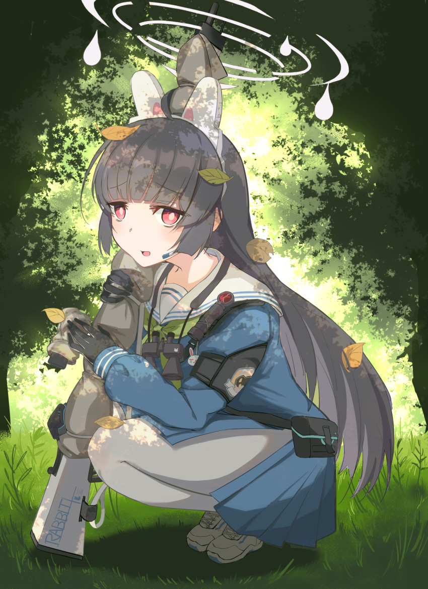 1girl, absurdres, animal_ears, bangs, bent_over, black_hair, blue_archive, blunt_bangs
