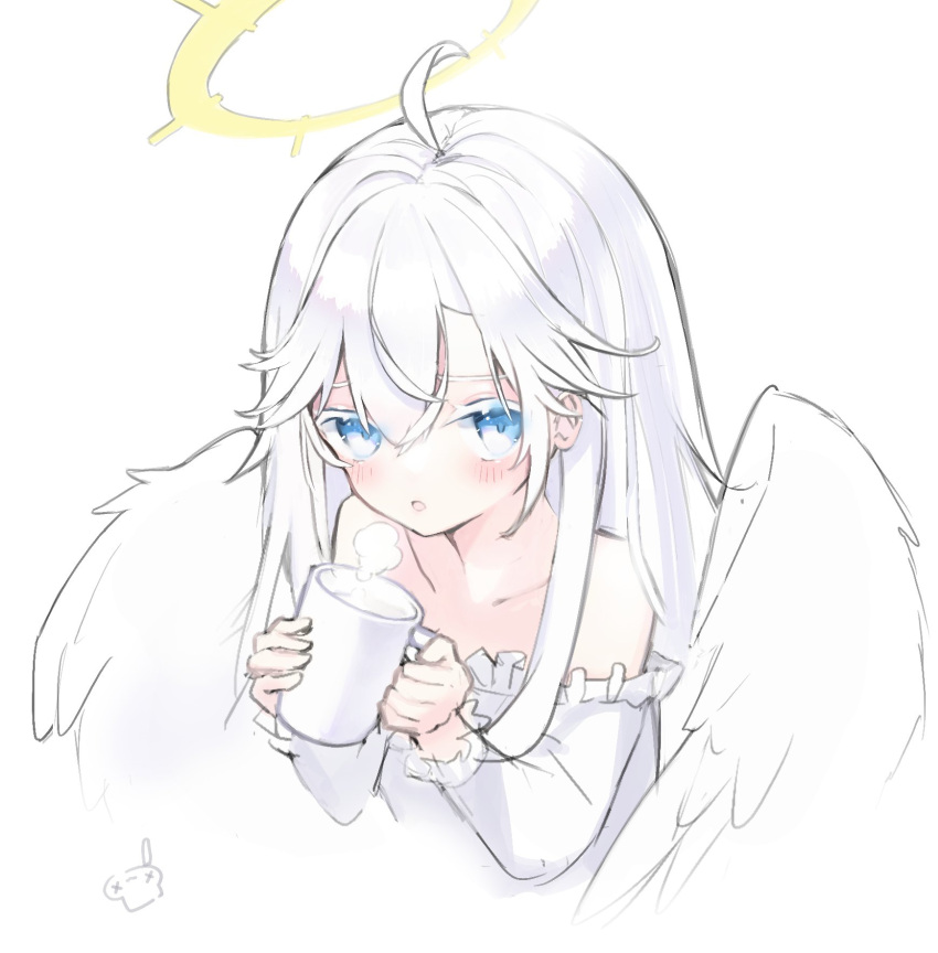 1girl, ahoge, angel, bangs, blue_eyes, cup, feathered_wings, hair_between_eyes, halo, highres, indie_virtual_youtuber, long_hair, long_sleeves, mashiro_rei, mug, open_mouth, retorillo, solo, virtual_youtuber, white_background, white_hair, wings