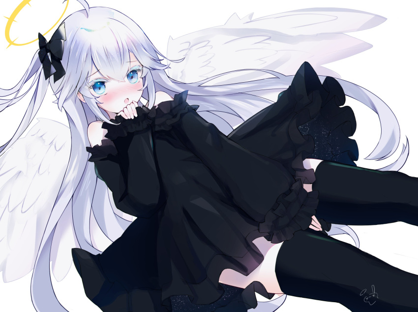 1girl, ahoge, angel, bangs, black_dress, black_legwear, blue_eyes, blush