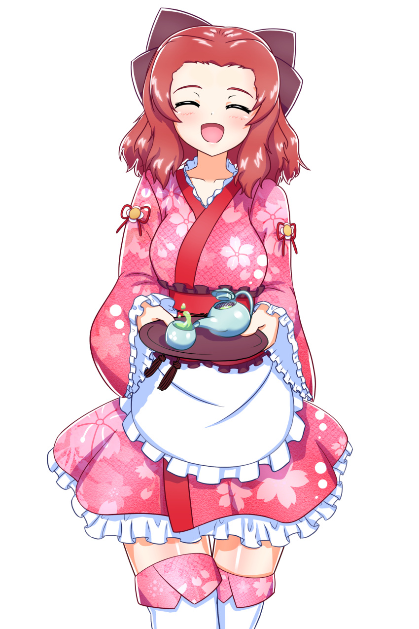 1girl, ^_^, alternate_costume, apron, blush, bow, closed_eyes, cowboy_shot