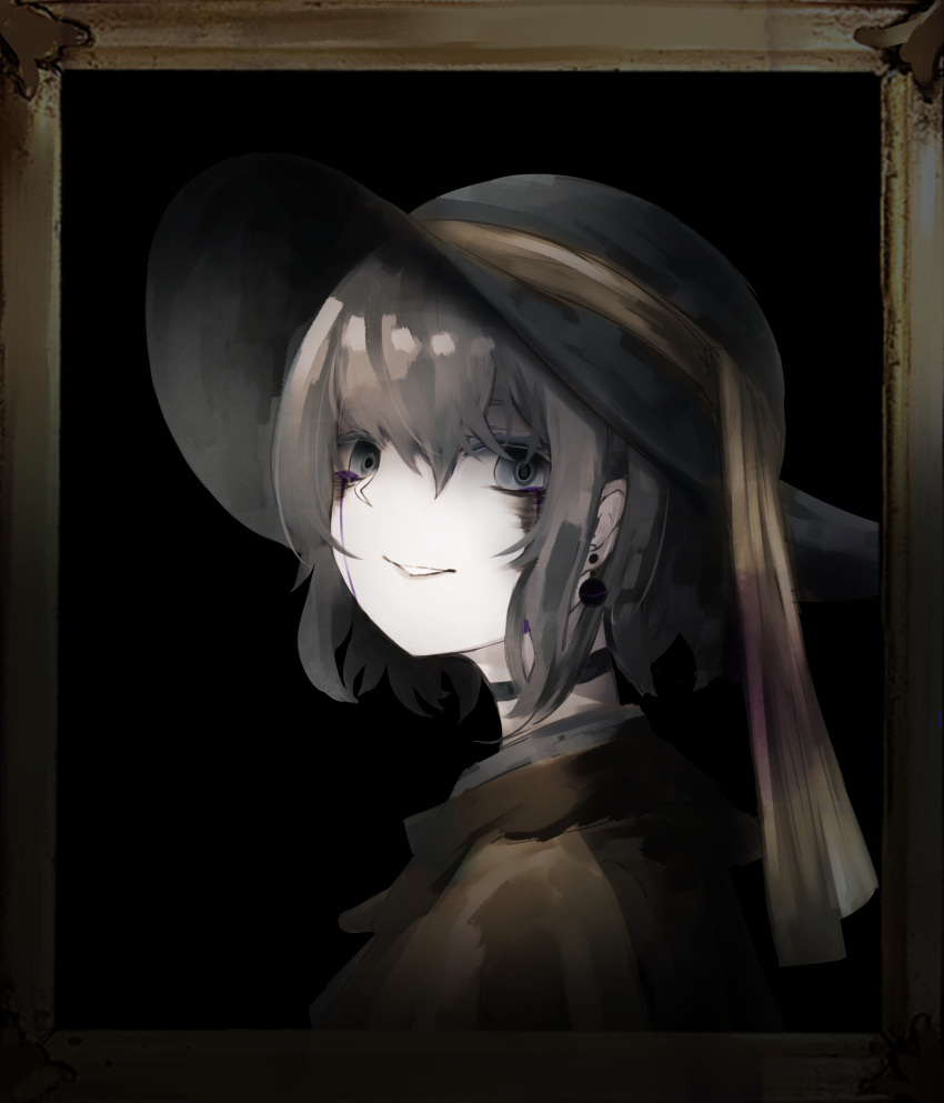 1girl, absurdres, black_choker, black_headwear, blouse, choker, colored_tears, commentary