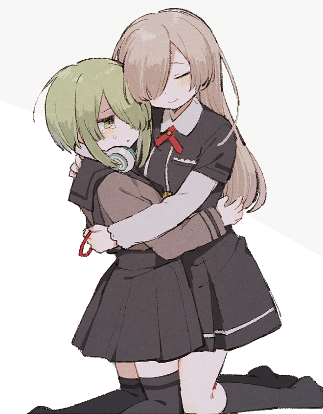 2girls, azumi_hagumu, black_dress, black_jacket, black_legwear, black_sailor_collar, black_skirt, blush, bolo_tie, breast_pocket, closed_eyes, collared_shirt, cropped_jacket, crying, crying_with_eyes_open, daitou_academy_uniform, dot_nose, dress, eyebrows_behind_hair, facing_another, frilled_sleeves, frills, green_eyes, green_hair, grey_shirt, hair_down, hair_over_one_eye, headphones, headphones_around_neck, holding_hairband, hug, jacket, kneehighs, kneeling, koushou_academy_uniform, layered_sleeves, long_hair, long_sleeves, looking_at_another, magia_record:_mahou_shoujo_madoka_magica_gaiden, mahou_shoujo_madoka_magica, miniskirt, miyabi_shigure, multiple_girls, necktie, no_shoes, parted_lips, pocket, pockettohouse, red_necktie, sailor_collar, school_uniform, serafuku, shirt, short_dress, short_hair, short_over_long_sleeves, short_sleeves, sidelocks, simple_background, skirt, smile, suspender_skirt, suspenders, tears, thigh-highs, white_background, white_shirt, white_sleeves