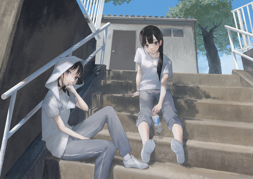 2girls, black_hair, blue_sky, bottle, building, closed_mouth, commentary_request, fence