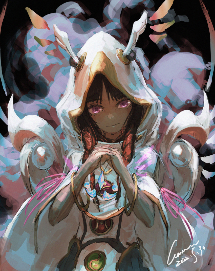 1girl, absurdres, alternate_hair_color, bangs, bracelet, braid, brown_hair, dated, detached_wings, diviner_of_the_herald, duel_monster, fake_wings, head_wings, highres, hood, hood_up, interlocked_fingers, jewelry, necklace, own_hands_clasped, own_hands_together, signature, smoke, solo, twin_braids, violet_eyes, wawon_(wan_wawon), wings, yu-gi-oh!