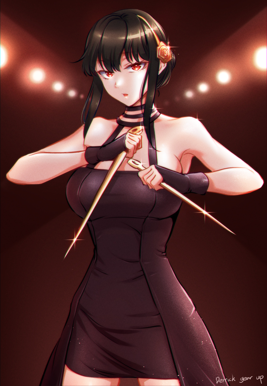 1girl, :o, absurdres, bangs, bare_shoulders, black_choker, black_dress, black_gloves