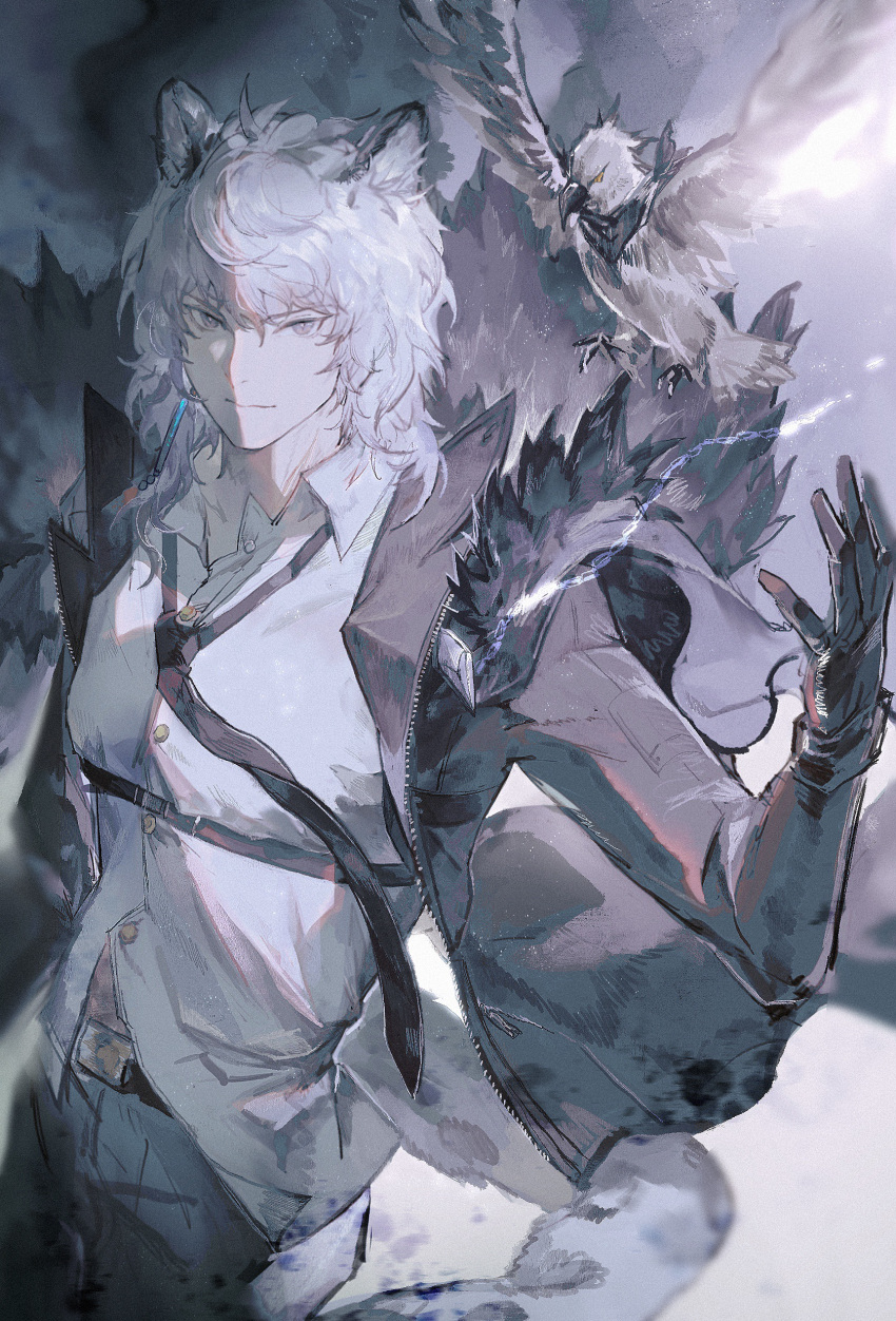 1boy, 1other, :|, absurdres, animal_ear_fluff, animal_ears, arknights, bangs