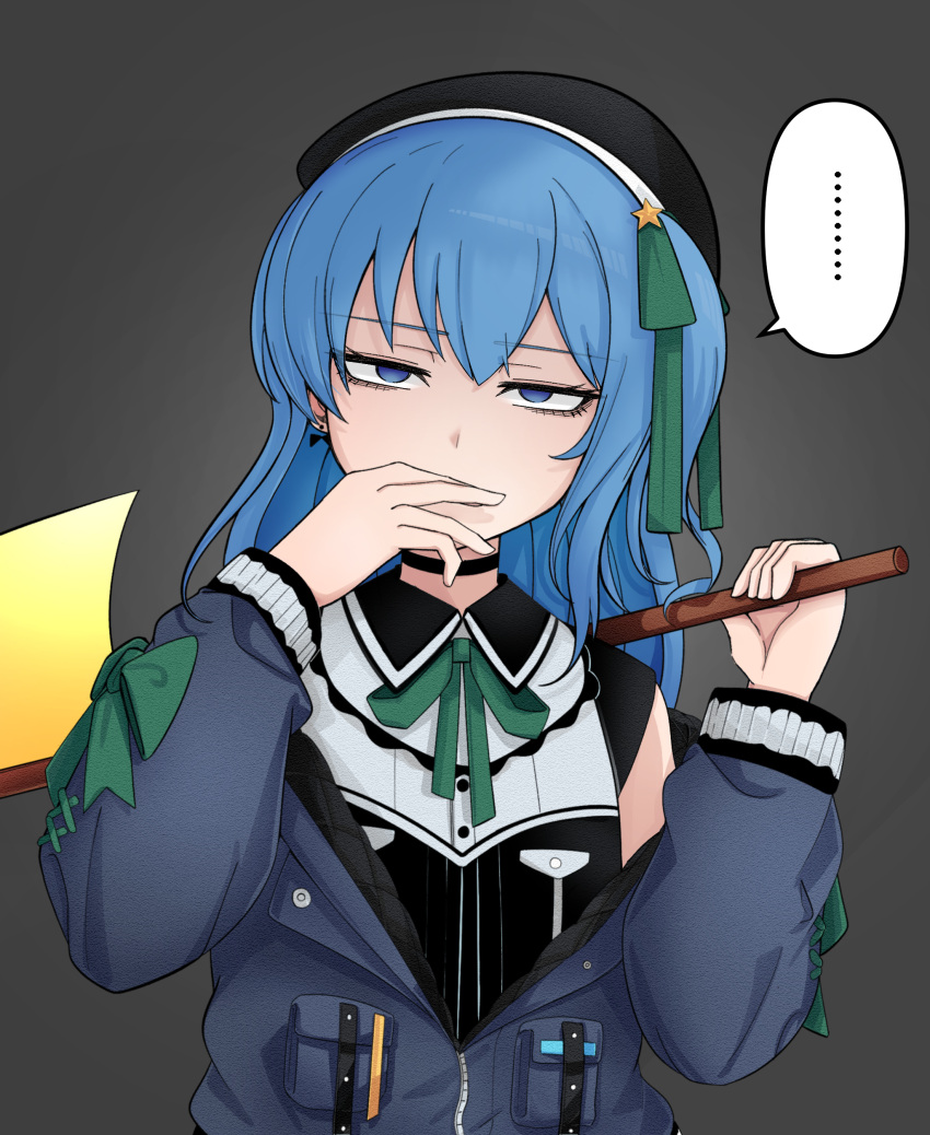 ..., 1girl, absurdres, axe, beret, black_choker, blue_eyes, blue_hair