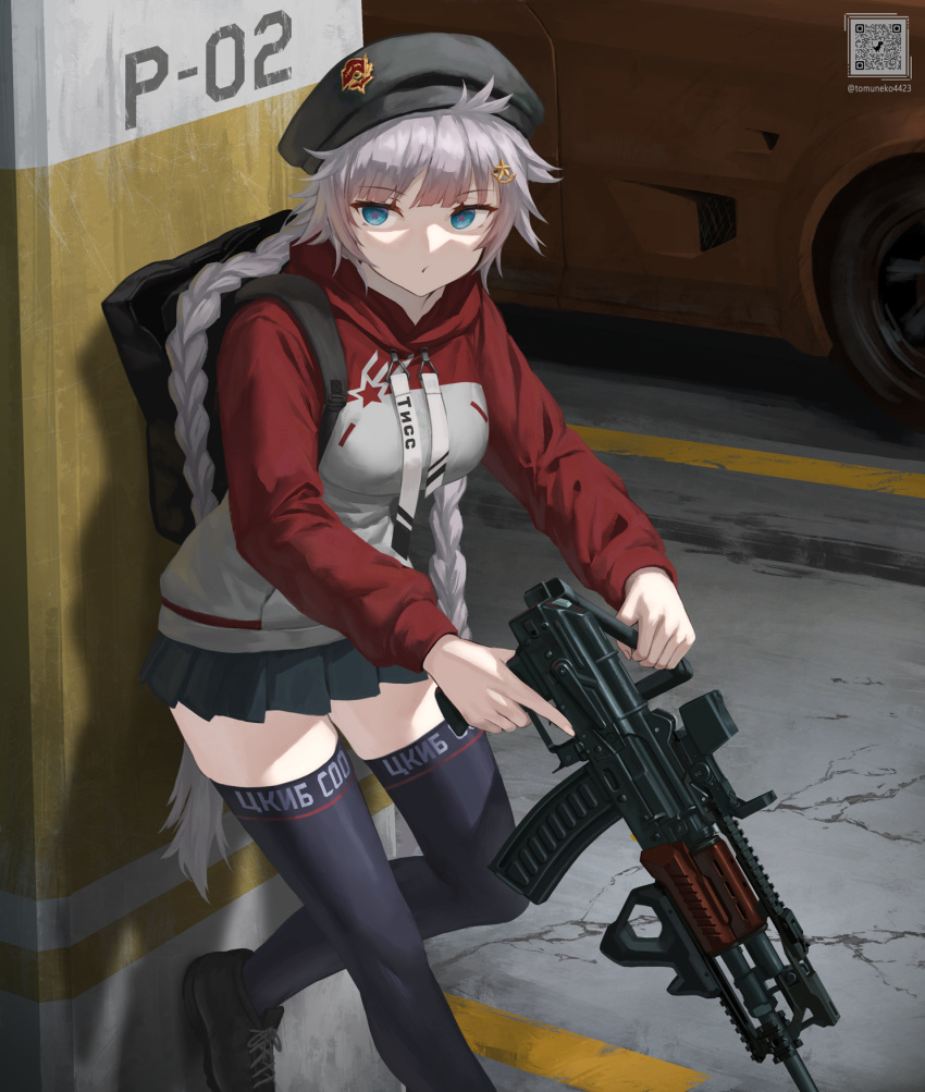 1girl, alternate_costume, assault_rifle, bangs, beret, black_footwear, black_headwear, black_legwear, black_skirt, blue_eyes, braid, car, commentary_request, girls_frontline, grey_hair, ground_vehicle, gun, hair_ornament, hairclip, hat, highres, holding, holding_gun, holding_weapon, jacket, long_hair, long_sleeves, looking_at_viewer, miniskirt, motor_vehicle, multicolored_clothes, multicolored_jacket, ots-12, ots-12_(girls'_frontline), pleated_skirt, red_jacket, rifle, shoes, skirt, sneakers, solo, standing, star-shaped_pupils, star_(symbol), symbol-shaped_pupils, thigh-highs, tom-neko_(zamudo_akiyuki), trigger_discipline, two-tone_jacket, weapon, wheel, white_jacket