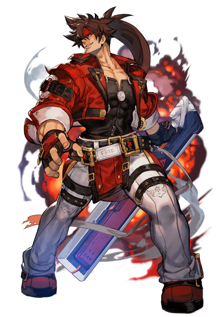1boy, absurdres, belt, belt_buckle, black_gloves, black_shirt, boots, brown_hair