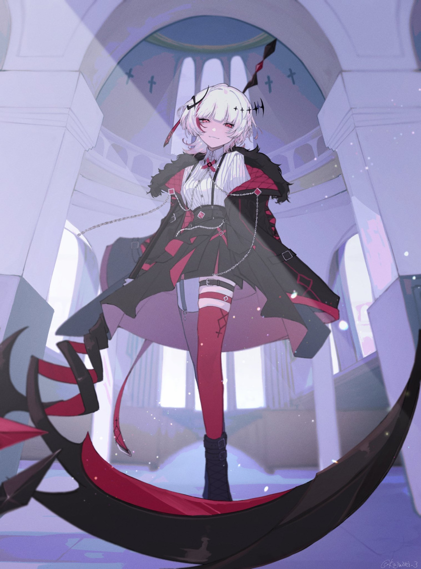 1girl, black_coat, black_footwear, black_skirt, bob_cut, boots, coat, collared_shirt, dtto., full_body, highres, indie_virtual_youtuber, kajiwara_3, leg_belt, long_sleeves, looking_at_viewer, multicolored_clothes, red_eyes, red_legwear, red_skirt, scythe, shirt, short_hair, skirt, smile, solo, striped, suspender_skirt, suspenders, temple, thigh-highs, utaite_(singer), vertical_stripes, virtual_youtuber, white_hair, white_shirt, zettai_ryouiki
