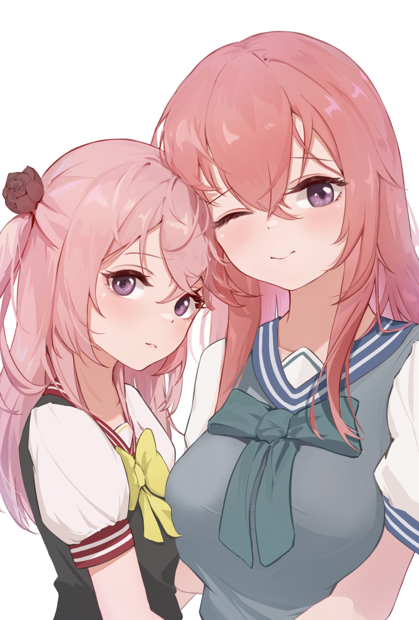 2girls, asymmetrical_docking, bow, breast_press, breasts, flower, hair_flower, hair_ornament