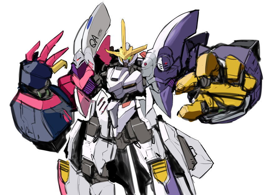 baund_doc, crossbone_gundam, dictus, fusion, glowing, glowing_eye, green_eyes, gundam