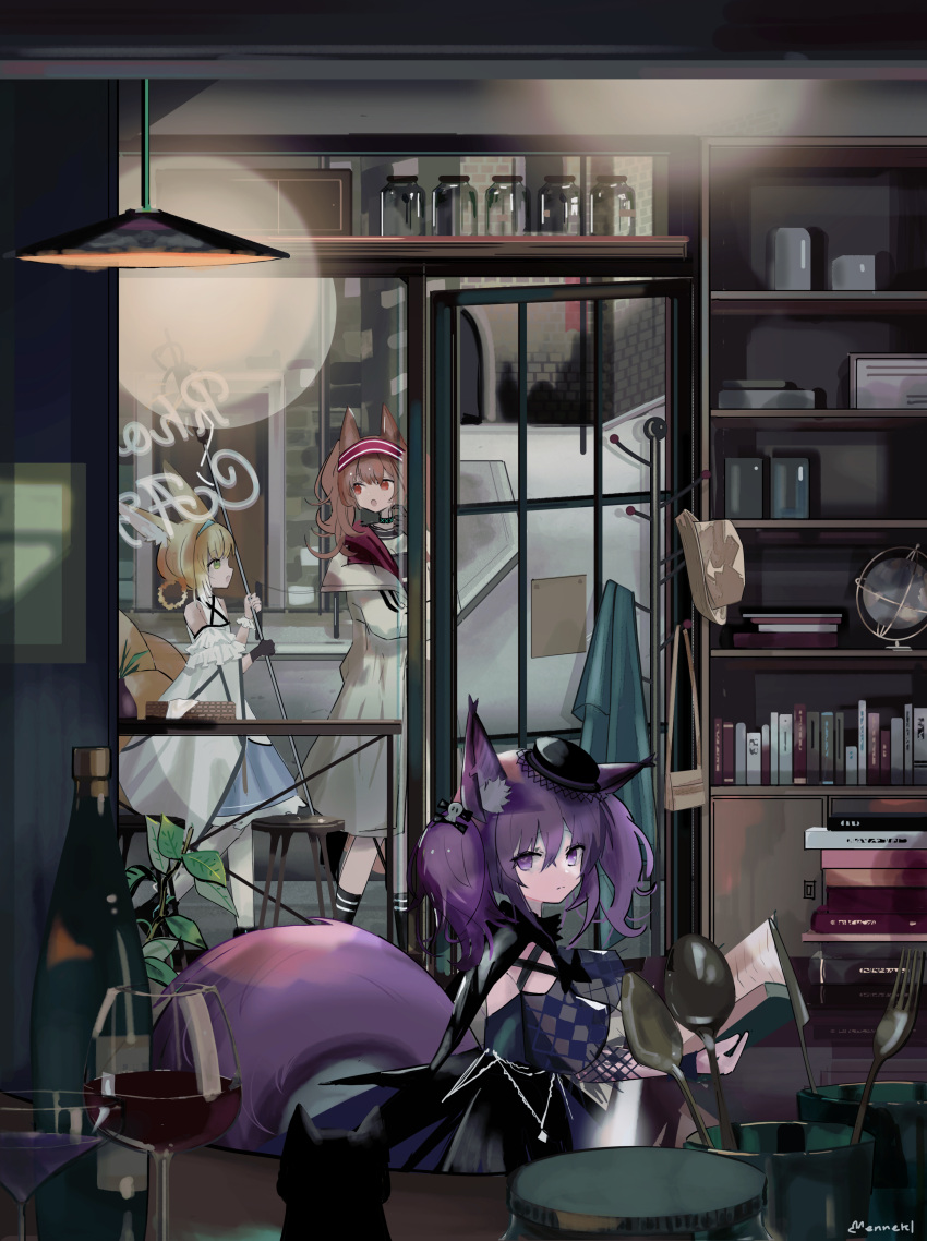 3girls, absurdres, angelina_(arknights), animal_ear_fluff, animal_ears, arknights, artist_name, bag