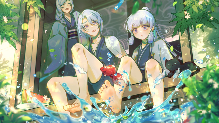 1boy, 2girls, :o, bangs, barefoot, black_cat, blaze_knight, blue_eyes, blue_hair, blunt_bangs, blush, cat, closed_eyes, commentary, fish, genshin_impact, goldfish, highres, japanese_clothes, kamisato_ayaka, kamisato_ayato, kamisato_kayo, laughing, light_blue_hair, long_sleeves, looking_at_another, mole, mole_under_eye, mole_under_mouth, mother_and_daughter, mother_and_son, multiple_girls, obi, open_mouth, ponytail, sash, sitting, water, wide_sleeves, younger