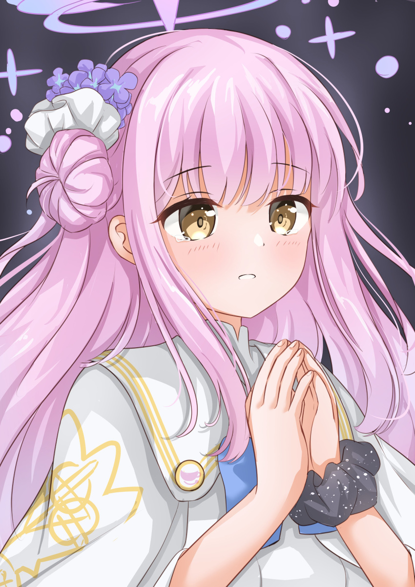 1girl, absurdres, blue_archive, blue_bow, bow, capelet, crying, crying_with_eyes_open