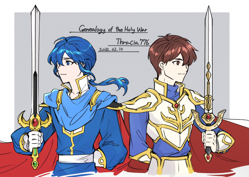 2boys, arm_behind_back, armor, bangs, belt, blue_eyes, blue_hair, blue_jacket