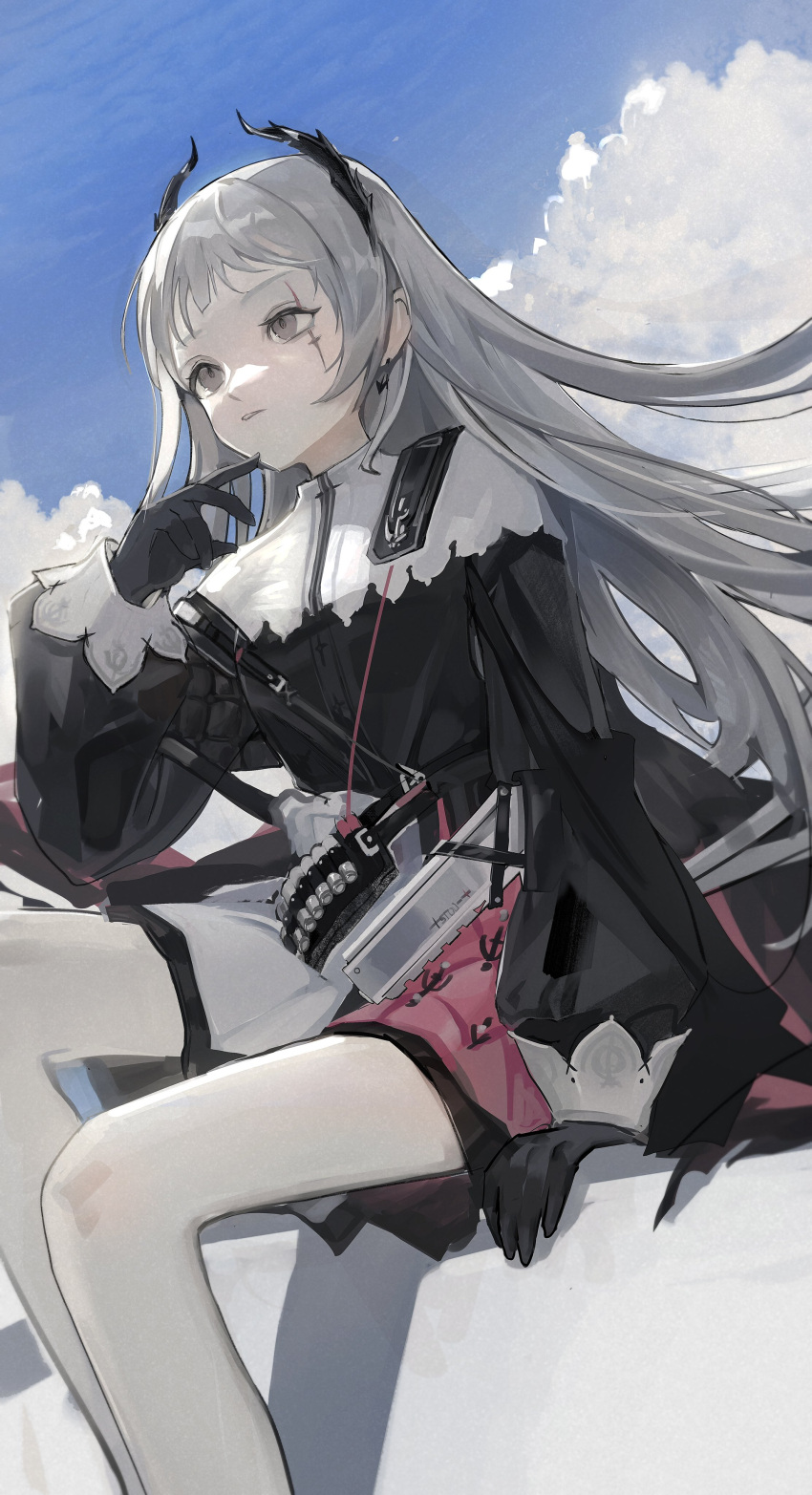 1girl, absurdres, ak_(ak98110881), arknights, arm_at_side, black_gloves, black_jacket, blue_sky