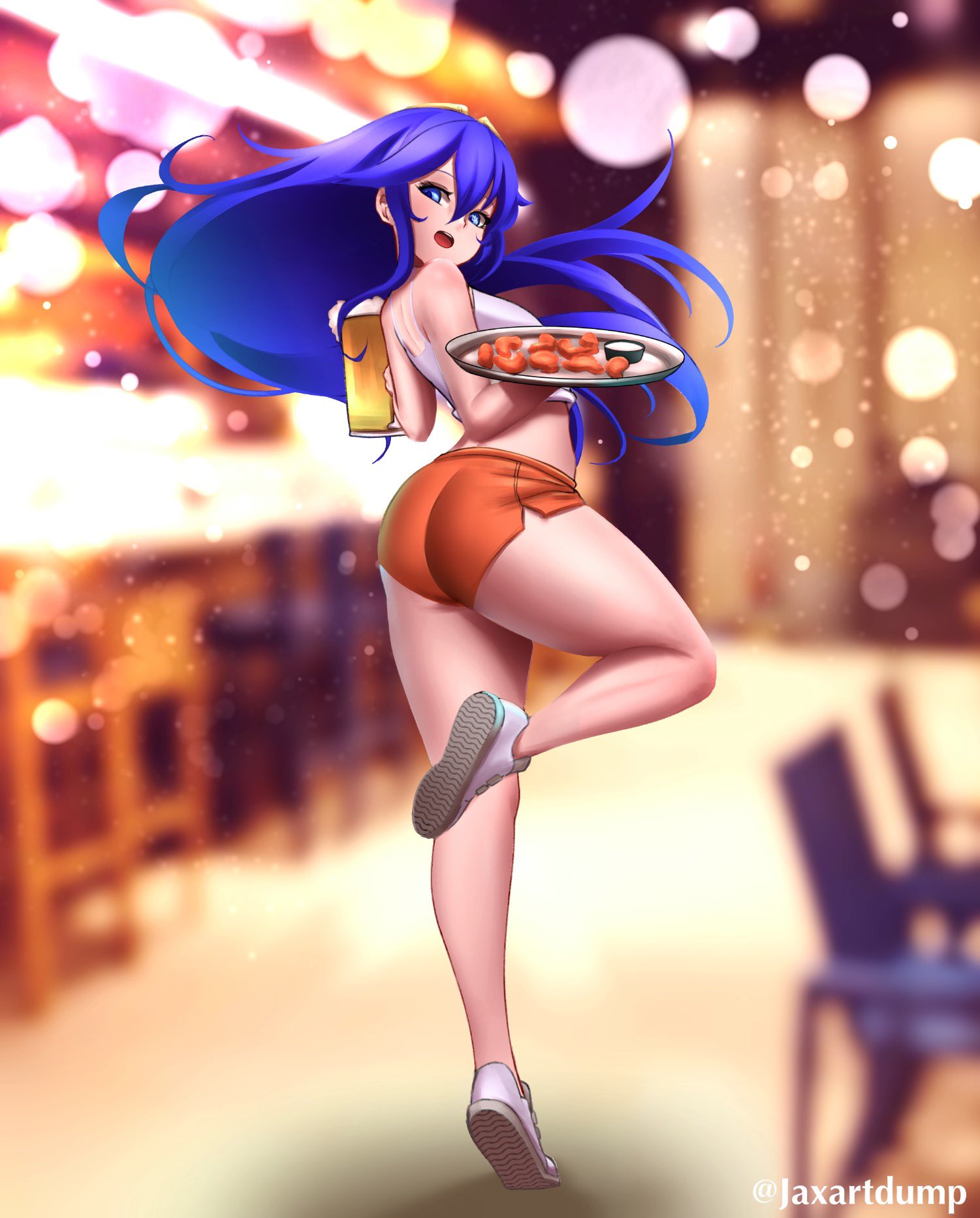 1girl, ass, blue_eyes, blush, breasts, cup, employee_uniform, fire_emblem