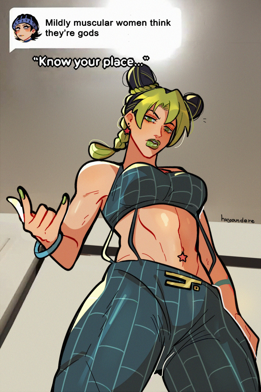 1girl, abs, absurdres, black_hair, blonde_hair, braid, braided_ponytail, brooch