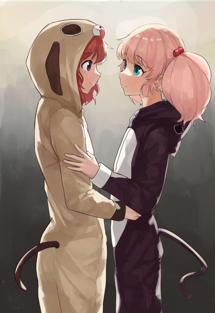 2girls, absurdres, akaza_akari, blush, cat_pajamas, closed_mouth, dog_pajamas, eyebrows_visible_through_hair