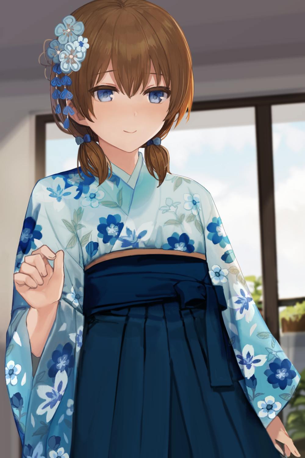 1boy, blue_eyes, brown_hair, crossdressing, flower, hair_between_eyes, hair_flower, hair_ornament