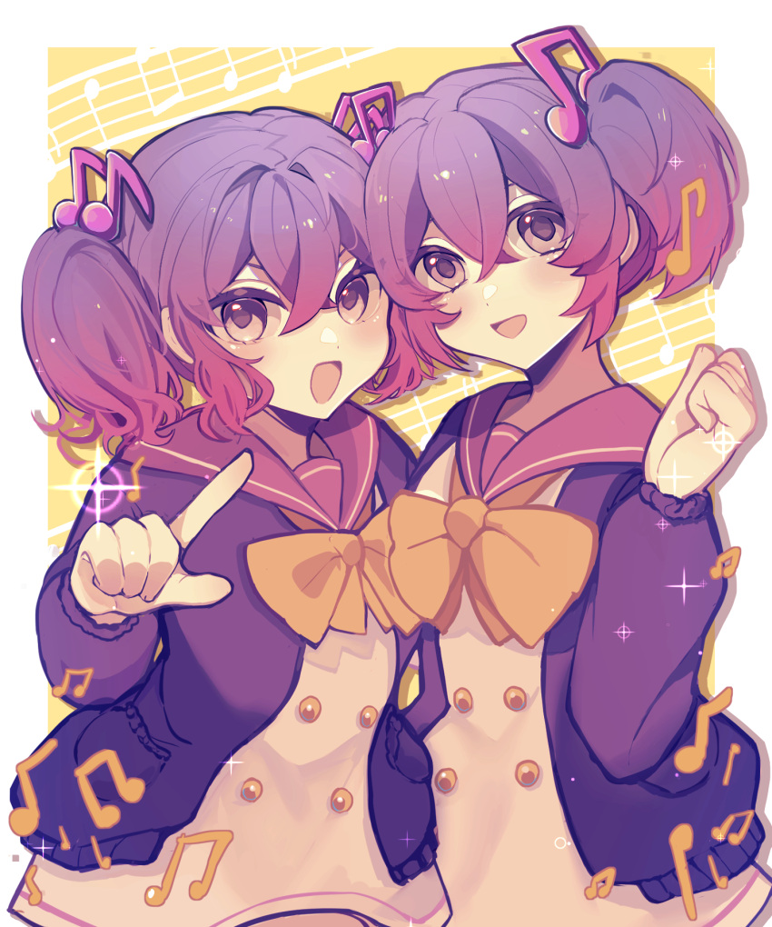 2girls, :d, blue_cardigan, cardigan, chinese_commentary, danganronpa_(series), danganronpa_another, dress, eighth_note, eyebrows_behind_hair, gradient_hair, hair_between_eyes, hair_ornament, highres, long_sleeves, matching_outfit, multicolored_hair, multiple_girls, musical_note, musical_note_hair_ornament, neck_ribbon, open_cardigan, open_clothes, open_mouth, otonokoji_hibiki, otonokoji_kanade, pink_hair, pink_sailor_collar, pocket, purple_hair, ribbon, sailor_collar, sailor_dress, short_dress, short_twintails, siblings, sisters, sixteenth_note, smile, super_danganronpa_another_2, tiao233, twins, twintails, violet_eyes, white_dress, yellow_ribbon