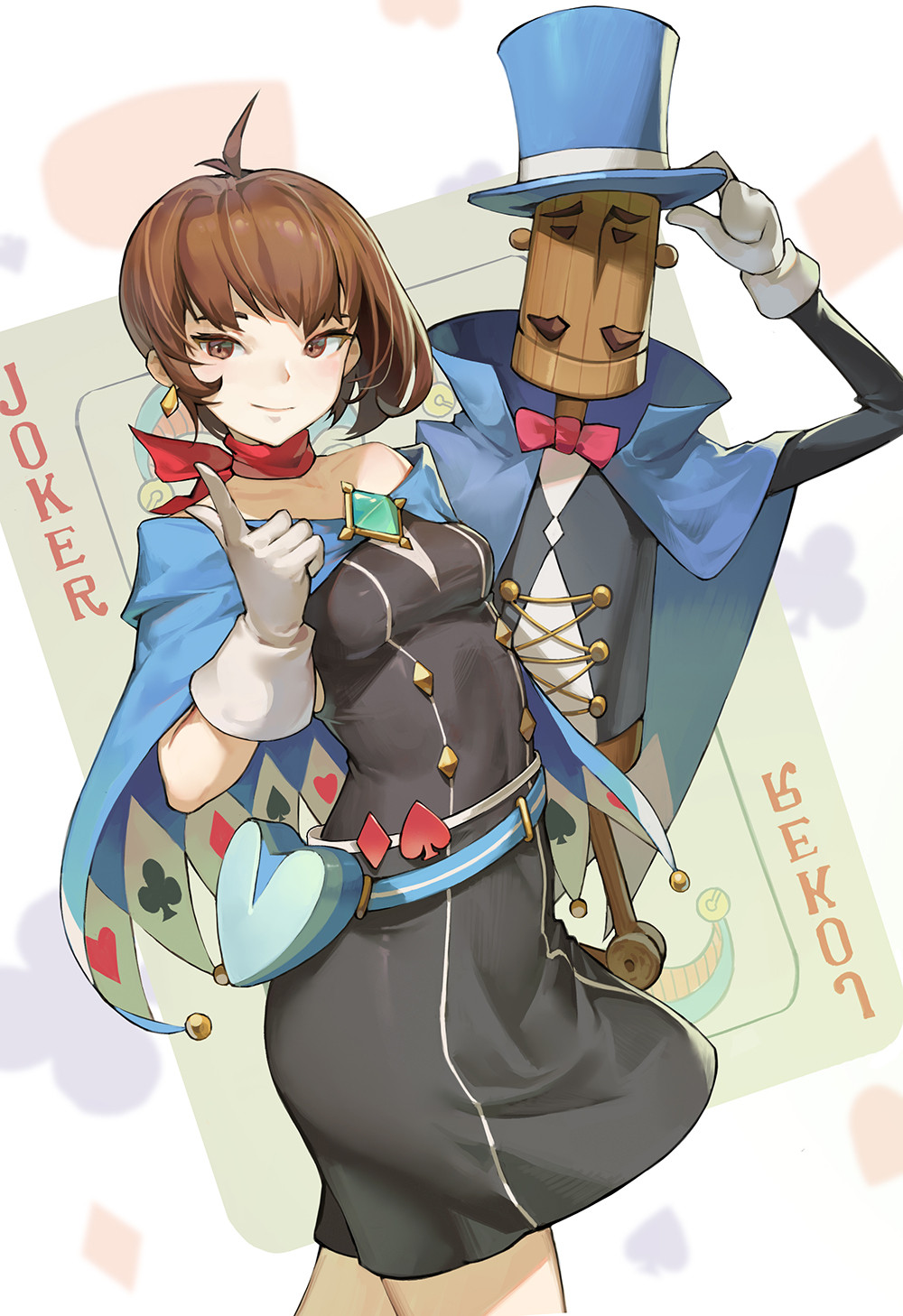 1girl, ace_attorney, ahoge, black_dress, blue_capelet, breasts, brooch, brown_eyes, brown_hair, capelet, character_request, closed_mouth, cowboy_shot, dress, gloves, hand_up, highres, index_finger_raised, jewelry, looking_at_viewer, mr_hat, shopp, short_dress, short_hair, small_breasts, solo, trucy_wright, white_gloves