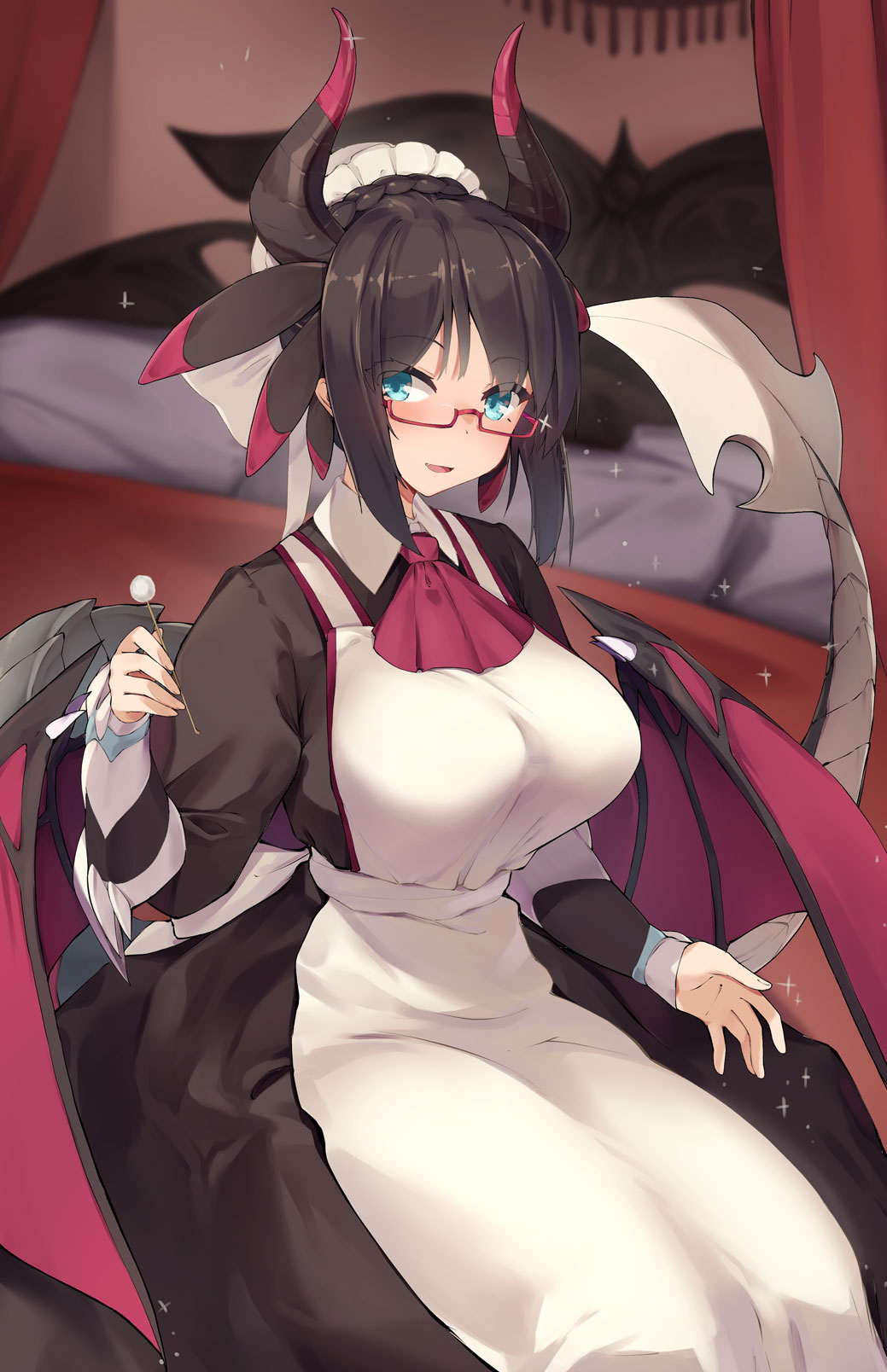 1girl, apron, bed, bedroom, black_hair, blue_eyes, breasts, cowboy_shot