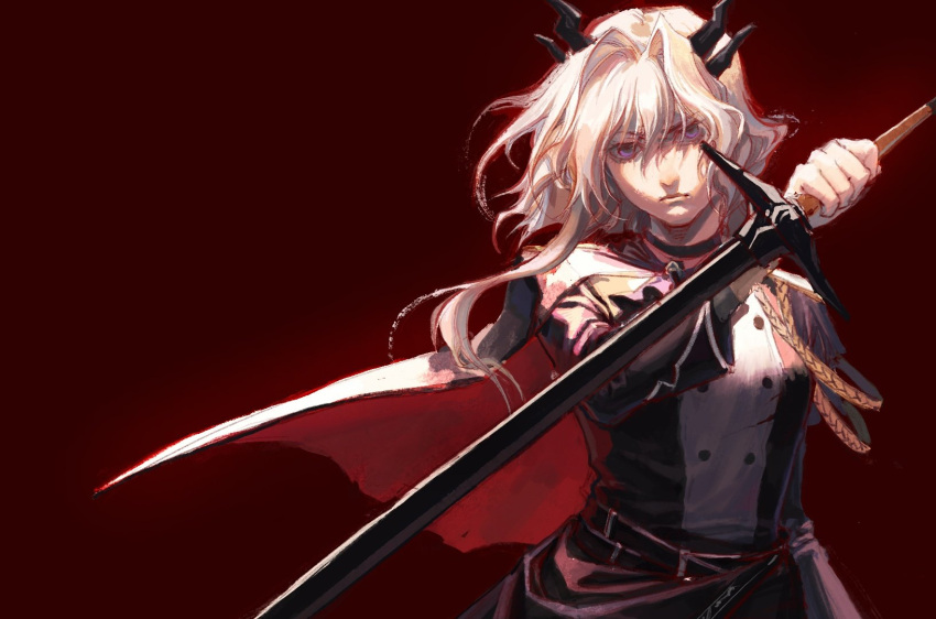 1girl, arknights, belt, black_choker, black_horns, cape, choker, closed_mouth