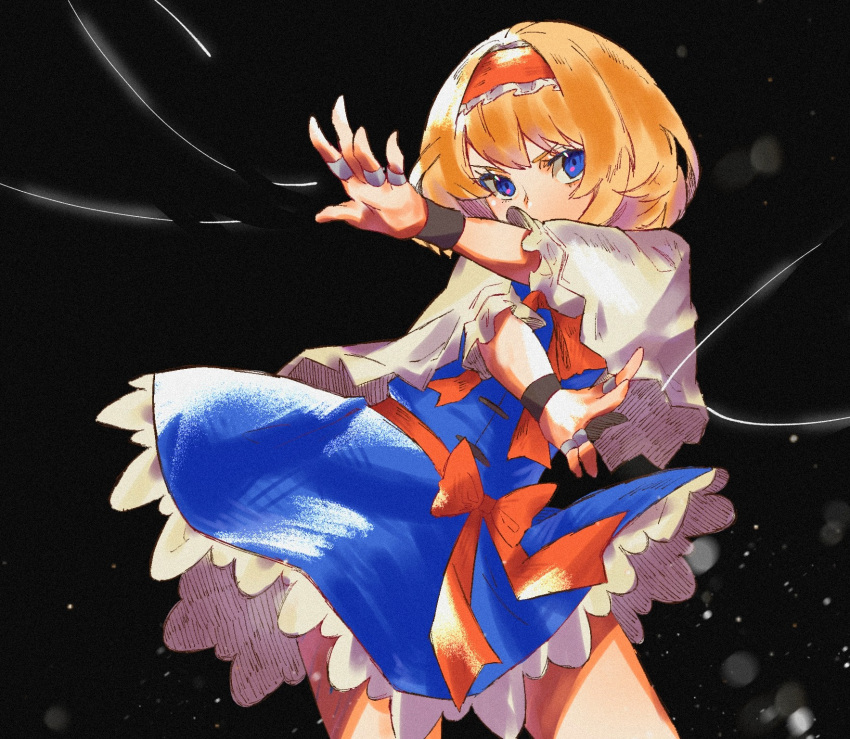 1girl, alice_margatroid, aojirozame1228, ascot, blue_dress, blue_eyes, breasts, capelet