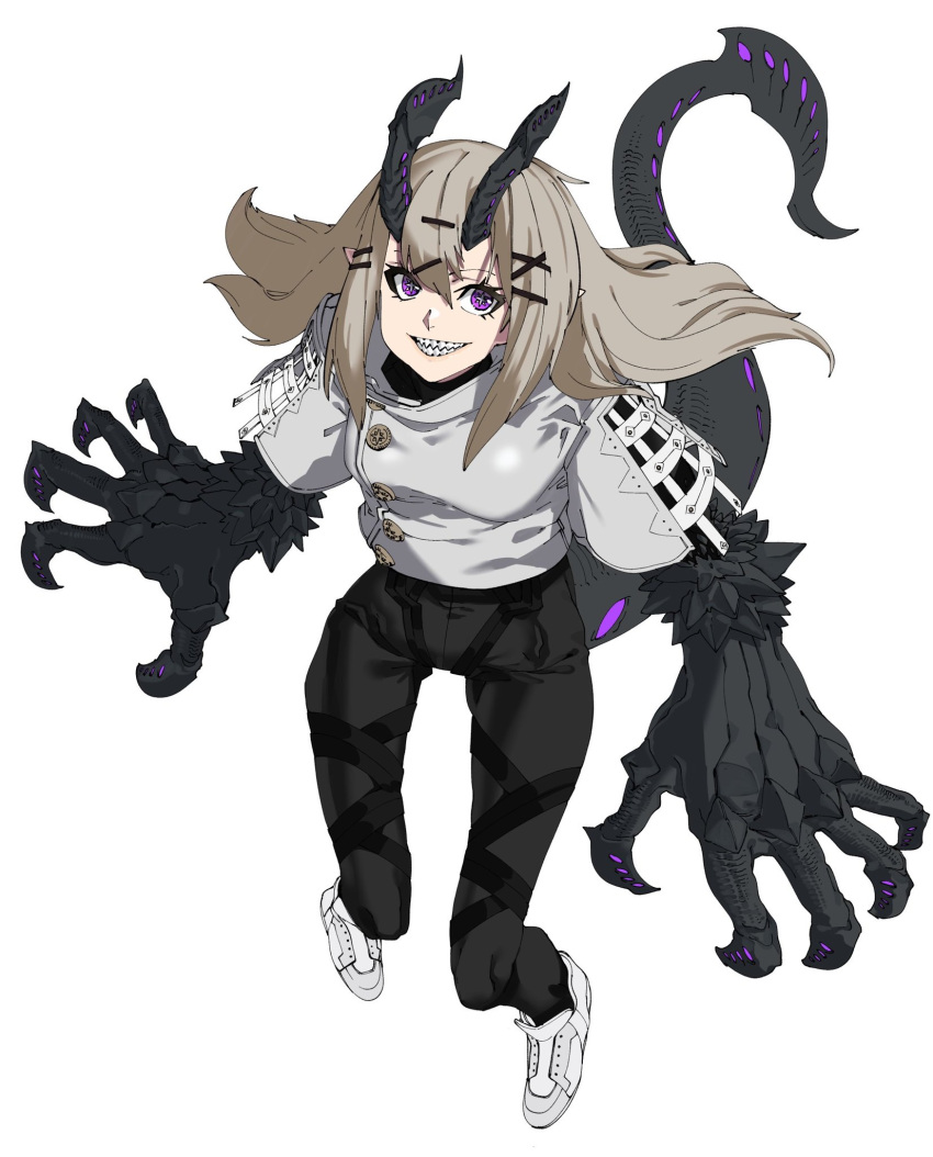 1girl, black_horns, black_tail, brown_hair, claws, grey_background, grey_footwear, grey_pupils