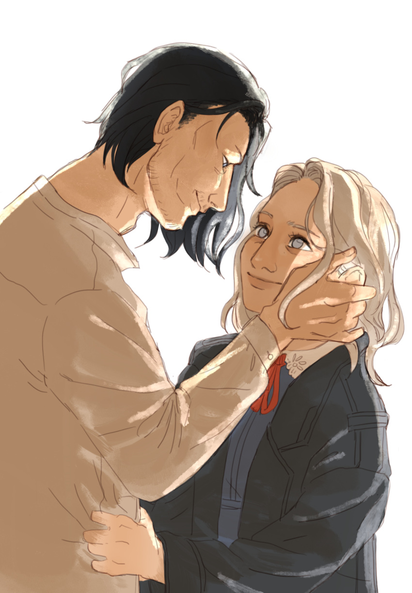 1girl, 1man, black_hair, blue_dress, blue_jacket, eye_contact, grace_(pathologic), hand_on_another's_cheek