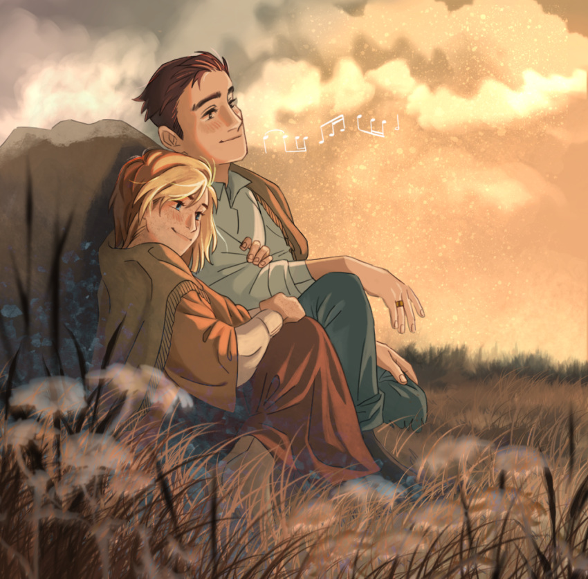 1boy, 1girl, black_hair, blanket, blue_pants, capella, freckles, grass
