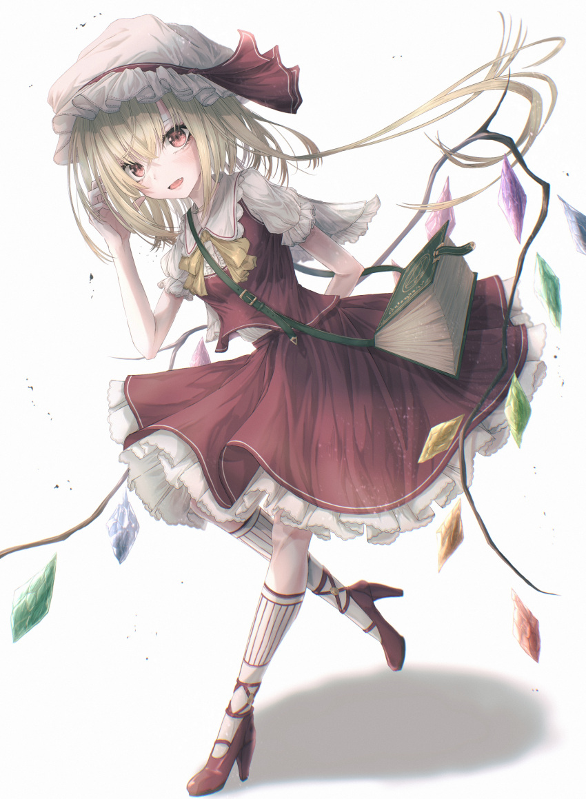 1girl, absurdres, arm_behind_back, blonde_hair, book, breasts, commentary_request, fang