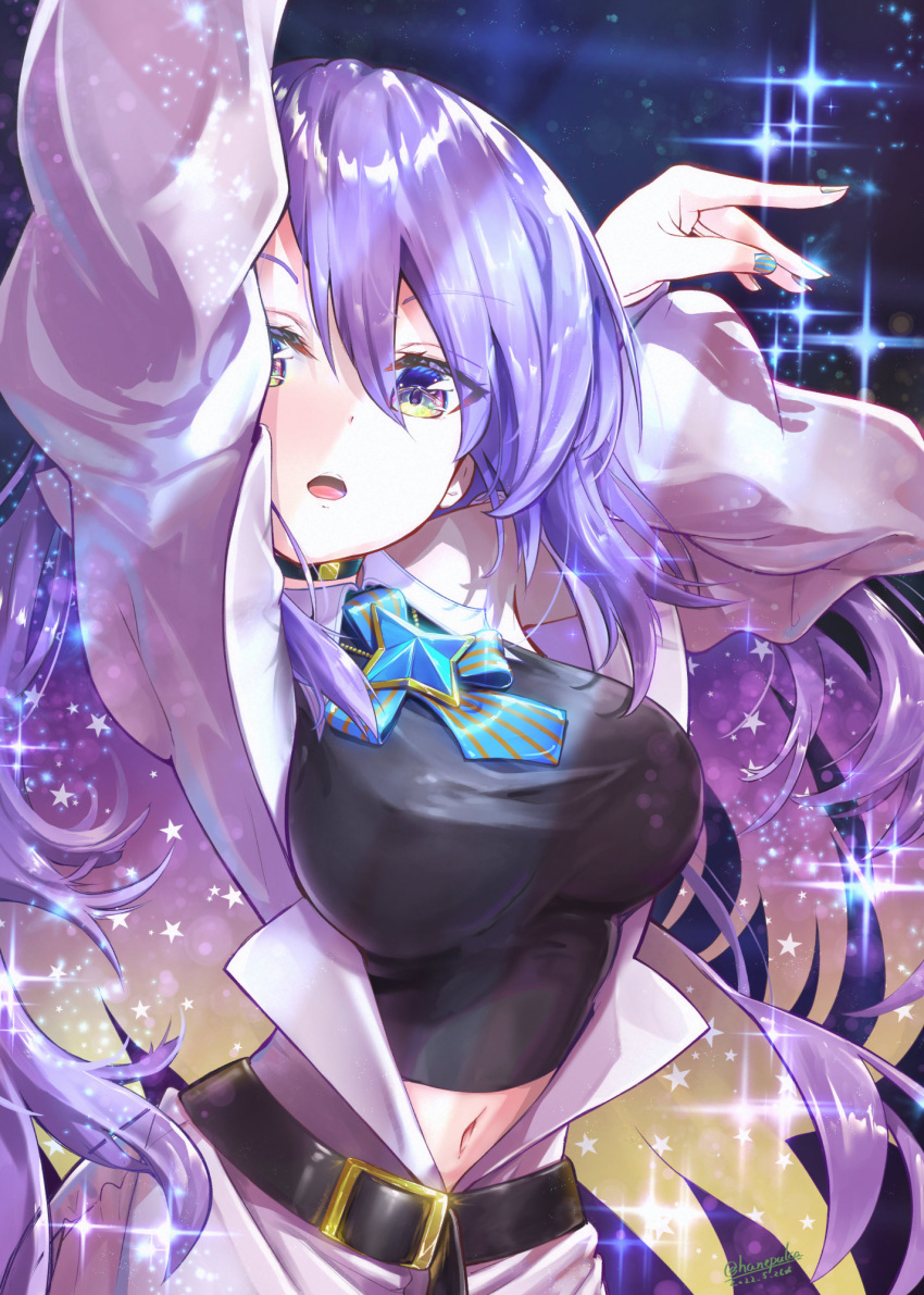 1girl, arms_up, belt, breasts, choker, coat, dated, gradient_eyes