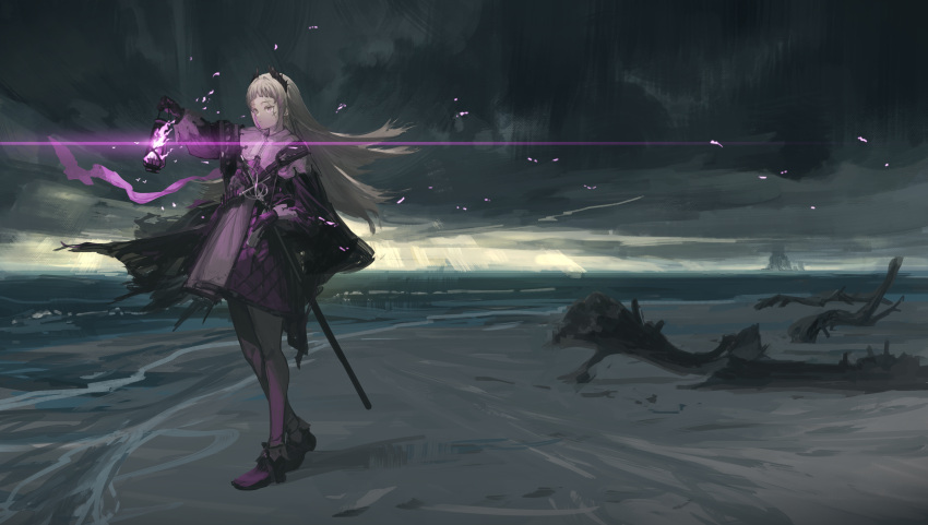 1girl, :|, absurdres, ammunition_belt, arknights, beach, black_cape, black_footwear, black_gloves, black_jacket, cape, capelet, closed_mouth, clouds, cloudy_sky, commentary, driftwood, embers, expressionless, fire, flame, floating_hair, full_body, gloves, glowing, grey_eyes, grey_hair, gun, hand_on_sheath, head_wings, highres, holding, holding_lantern, irene_(arknights), jacket, lantern, long_hair, long_sleeves, looking_afar, multicolored_clothes, multicolored_skirt, ocean, outdoors, purple_ribbon, purple_skirt, rapier, ribbon, rouzato, scar, scar_across_eye, scar_on_face, sheath, shoes, skirt, sky, solo, standing, sword, water, weapon, white_capelet, white_skirt