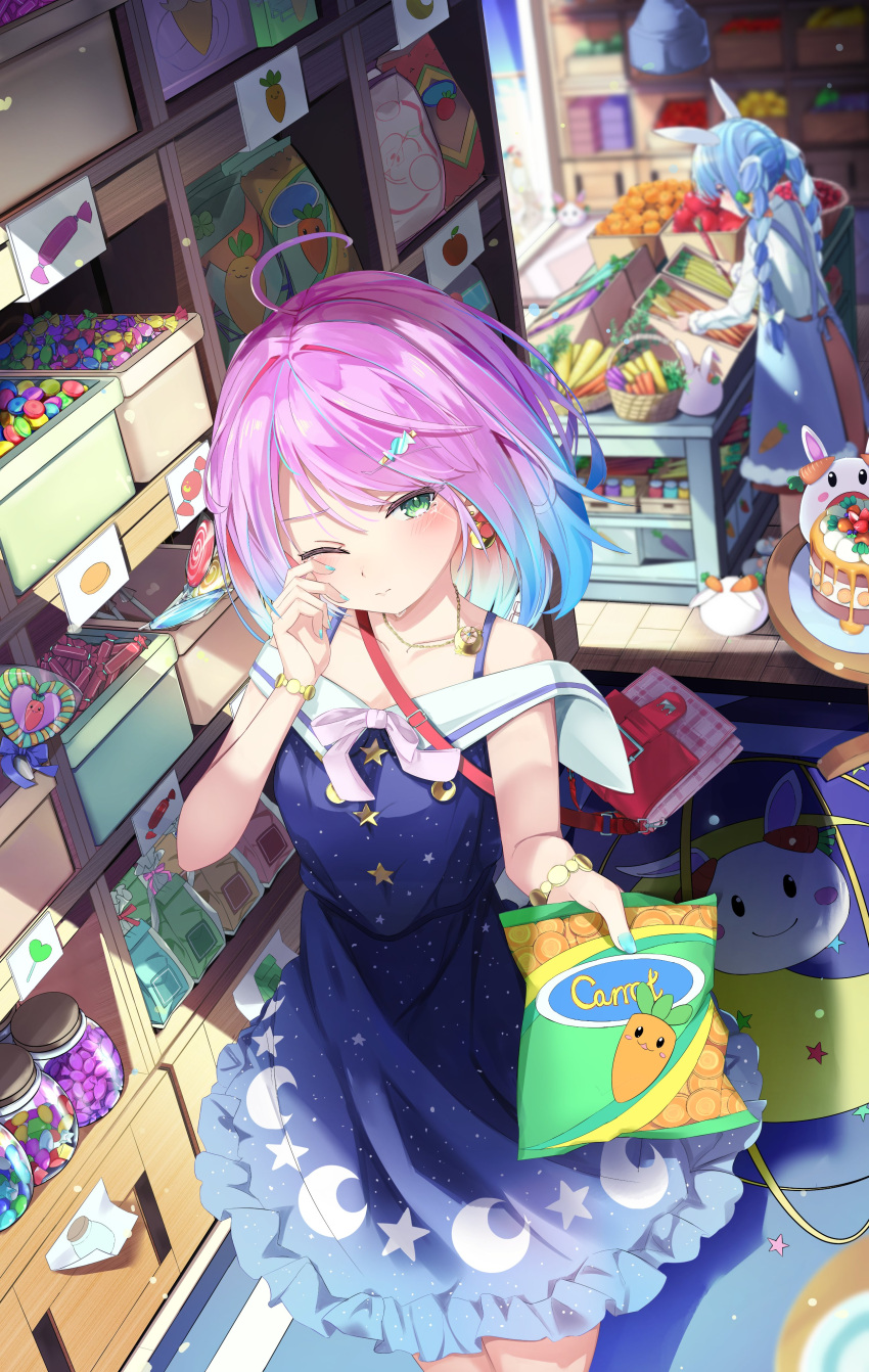 2girls, absurdres, ahoge, animal_ears, bag, bangs, bare_shoulders, basket