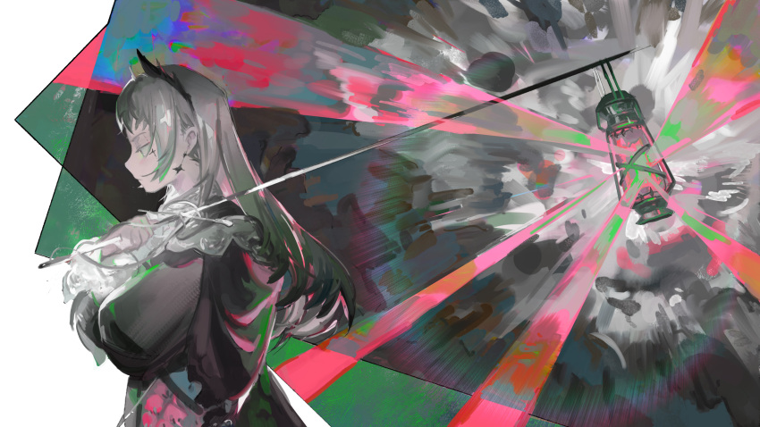 1girl, abstract_background, arknights, black_cape, black_jacket, cape, capelet, closed_mouth, commentary, earrings, from_side, frown, glowing, grey_eyes, grey_hair, half-closed_eyes, head_wings, highres, holding, holding_sword, holding_weapon, irene_(arknights), jacket, jewelry, lantern, long_hair, long_sleeves, looking_down, pink_skirt, rapier, skirt, solo, sword, tsuioku_(908026270), upper_body, weapon, white_capelet