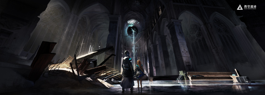 1girl, 1other, absurdres, amiya_(arknights), animal_ears, architecture, arknights, az841629, bench, black_coat, black_footwear, black_legwear, boots, broken_window, brown_hair, cathedral, chain, chandelier, coat, commentary, crack, doctor_(arknights), facing_away, first_aid_kit, highres, holding_hands, hooded_coat, indoors, light_rays, liquid, long_hair, orb, pantyhose, pillar, rabbit_ears, rubble, ruins, scenery, shoes, standing, suitcase, window