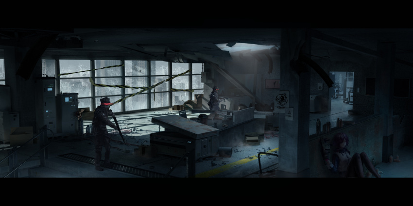 1girl, 2others, absurdres, arknights, armor, az841629, bandaid, bandaid_on_face, bandaid_on_nose, black_hoodie, black_legwear, box, can, canister, cityscape, commentary, dark, exusiai_(arknights), fedora, glowing, gun, hair_over_one_eye, hat, helmet, highres, holding, holding_gun, holding_weapon, hood, hoodie, indoors, letterboxed, long_sleeves, machinery, multiple_others, one_eye_covered, pantyhose, penguin_logistics_logo, printer, red_eyes, redhead, rubble, ruins, scenery, short_hair, submachine_gun, taking_cover, valve, vest, weapon, white_vest, window