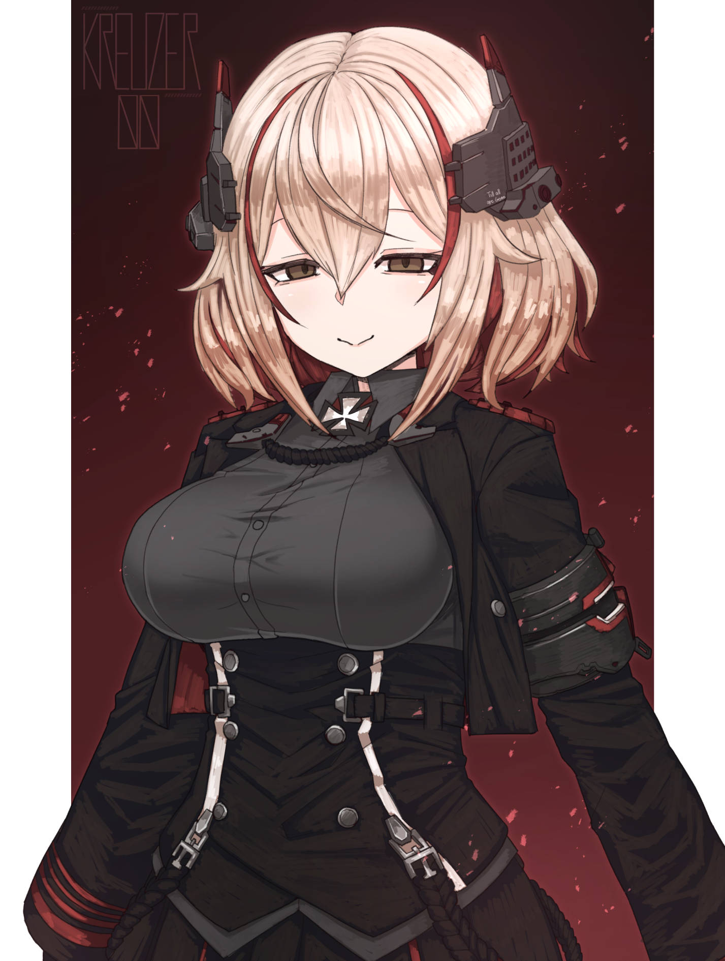 1girl, :>, armband, artist_name, azur_lane, bangs, black_jacket, blonde_hair, breasts, buttons, cross, crossed_bangs, double-breasted, epaulettes, highres, iron_cross, jacket, kreuzer_00, large_breasts, long_sleeves, medium_hair, multicolored_hair, narrowed_eyes, redhead, roon_(azur_lane), smile, solo, streaked_hair, upper_body