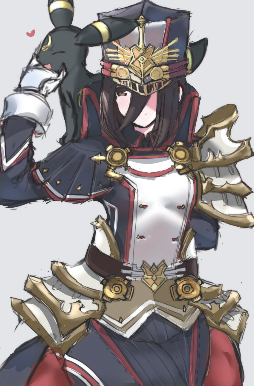 1girl, absurdres, armor, black_hair, brown_eyes, crossover, gloves, hat, heart, highres, juneplums, morag_ladair_(xenoblade), pokemon, shoulder_armor, simple_background, solo, umbreon, white_background, white_gloves, xenoblade_chronicles_(series), xenoblade_chronicles_2