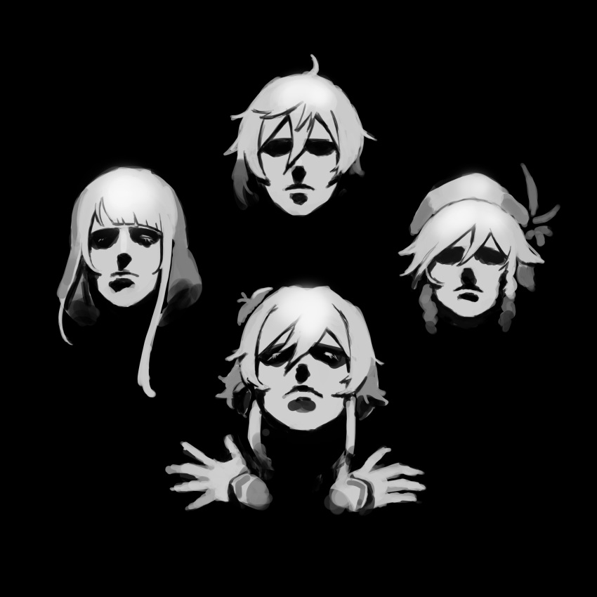 2boys, 2girls, absurdres, album_cover_redraw, black_background, bohemian_rhapsody, braid, derivative_work
