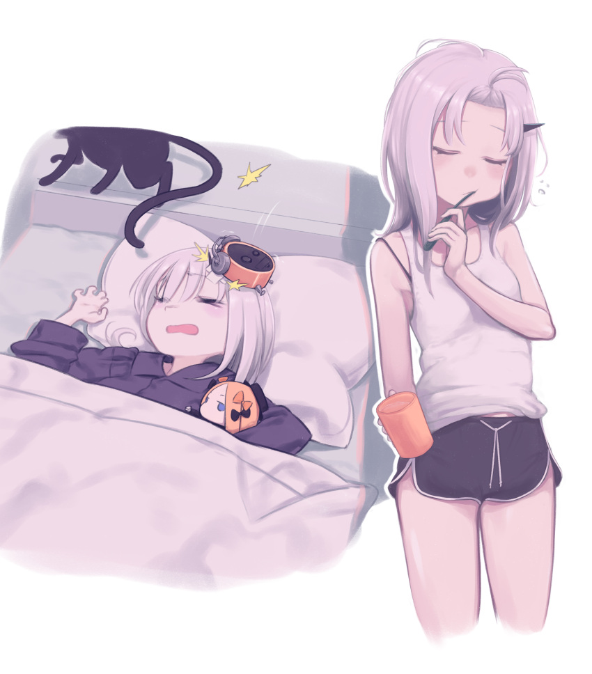 2girls, absurdres, alarm_clock, bangs, blush, breasts, brushing_teeth, clock