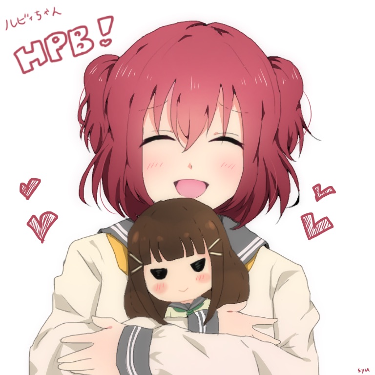 1girl, :d, bangs, blush, character_doll, closed_eyes, doll_hug, happy_birthday