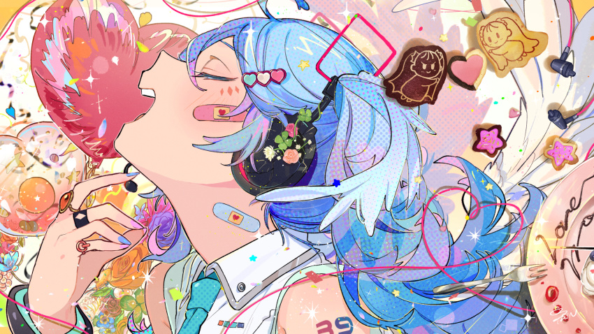 ai_kotoba_iv_(vocaloid), angel_and_devil, aqua_necktie, balloon, bandaid, bandaid_on_cheek, bandaid_on_face, bandaid_on_neck