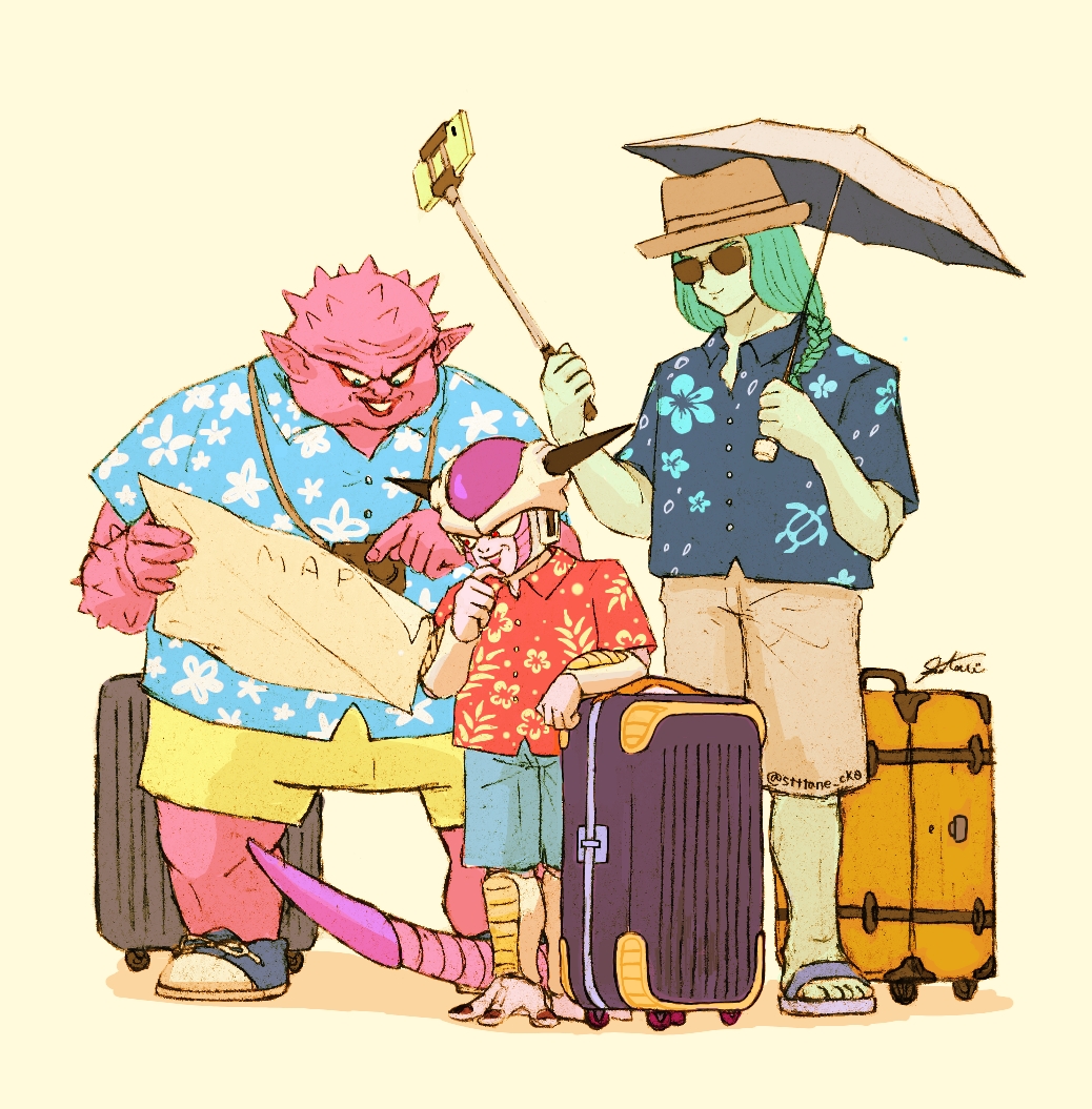 3boys, barefoot, casual, cellphone, dodoria, dragon_ball, dragon_ball_z, frieza