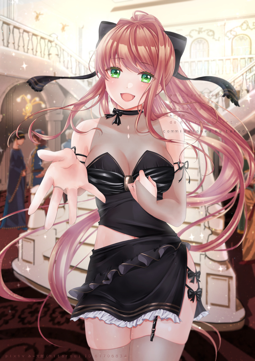 1girl, absurdres, blush, bow, brown_hair, doki_doki_literature_club, dress, eyebrows_visible_through_hair, green_eyes, highres, long_hair, looking_at_viewer, mi_tarou0412, monika_(doki_doki_literature_club), open_mouth, outstretched_arm, outstretched_hand, ponytail, pov, reaching_out, ribbon, smile, solo