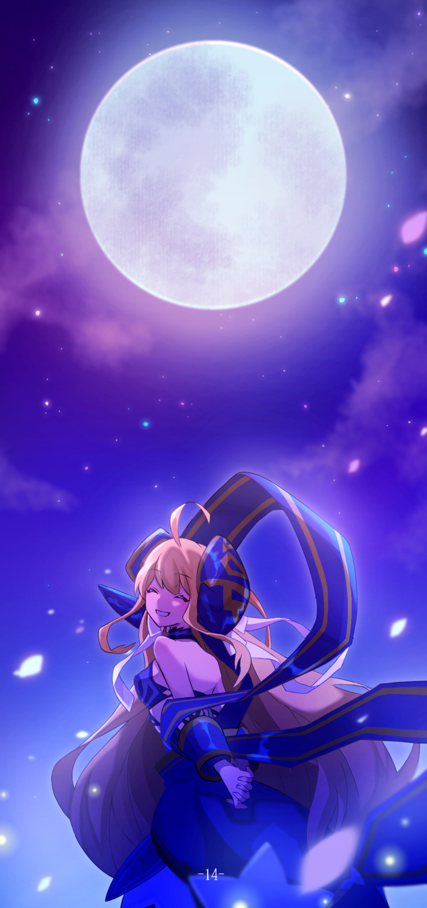 1girl, absurdres, ahoge, arms_behind_back, bare_shoulders, blonde_hair, closed_eyes, dragalia_lost