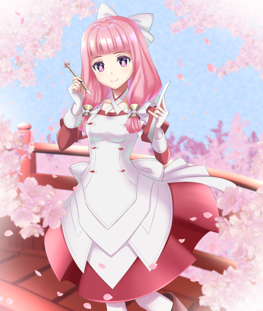 1girl, adapted_costume, alternate_costume, bangs, blunt_bangs, bridge, cherry_blossoms, commentary_request